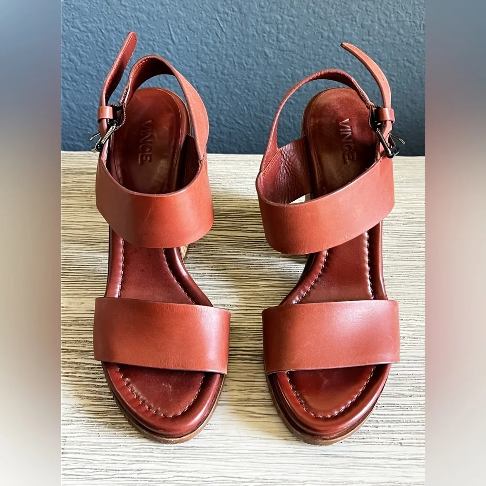 Vince Haley Tan Leather Block Heel Sandals